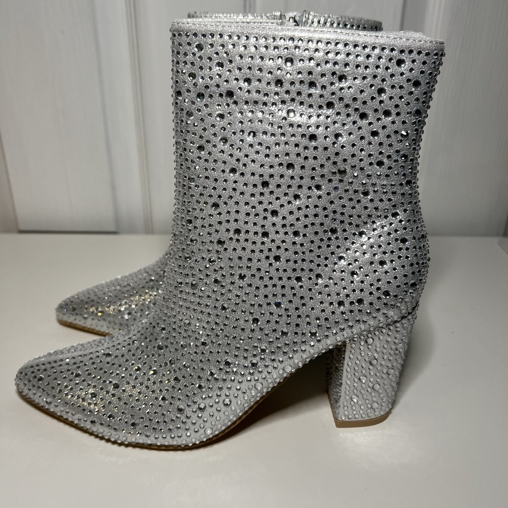 Rollda Rhinestone Ankle Boots Women 7Silver Bootie Glitter Sparkly Block Heel
